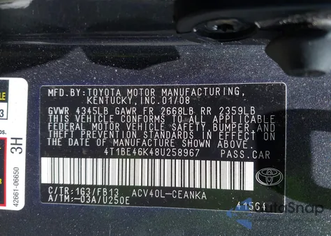 2008 Toyota Camry Le z USA, uszkodzony, nr VIN 4T1BE46K48U258967